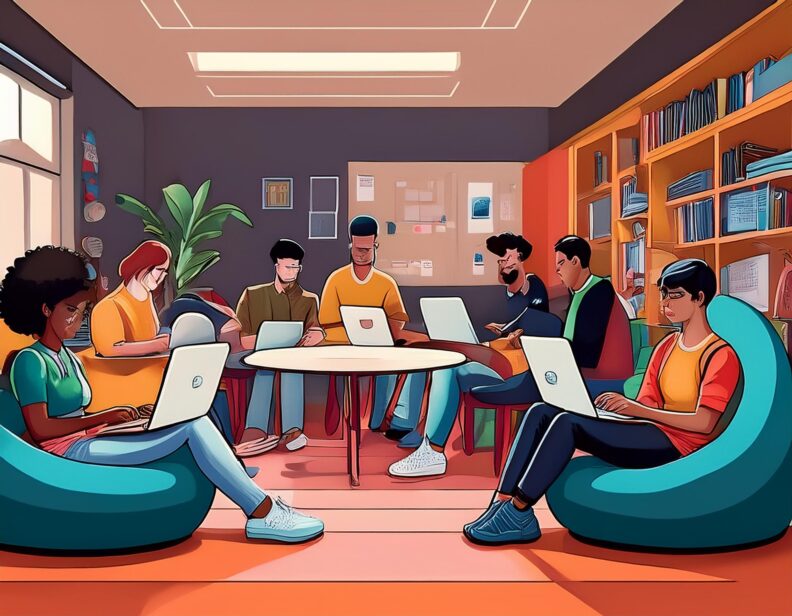 an AI generated animation of people working on their laptops in an inform space