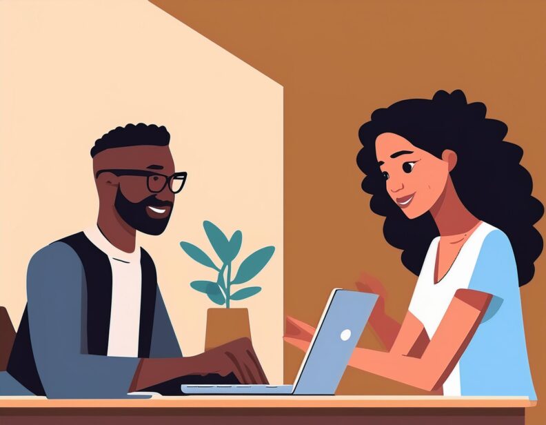 an animated image of a woman helping a man with his laptop